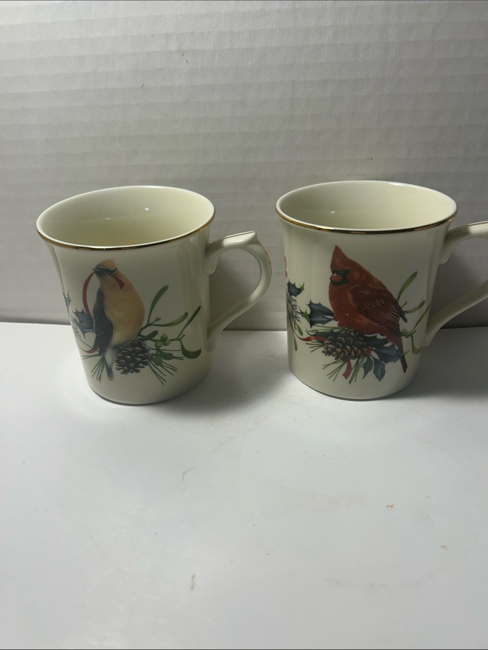 Lenox Ivory Ceramic Bird Mugs with Gold Trim - Pair
